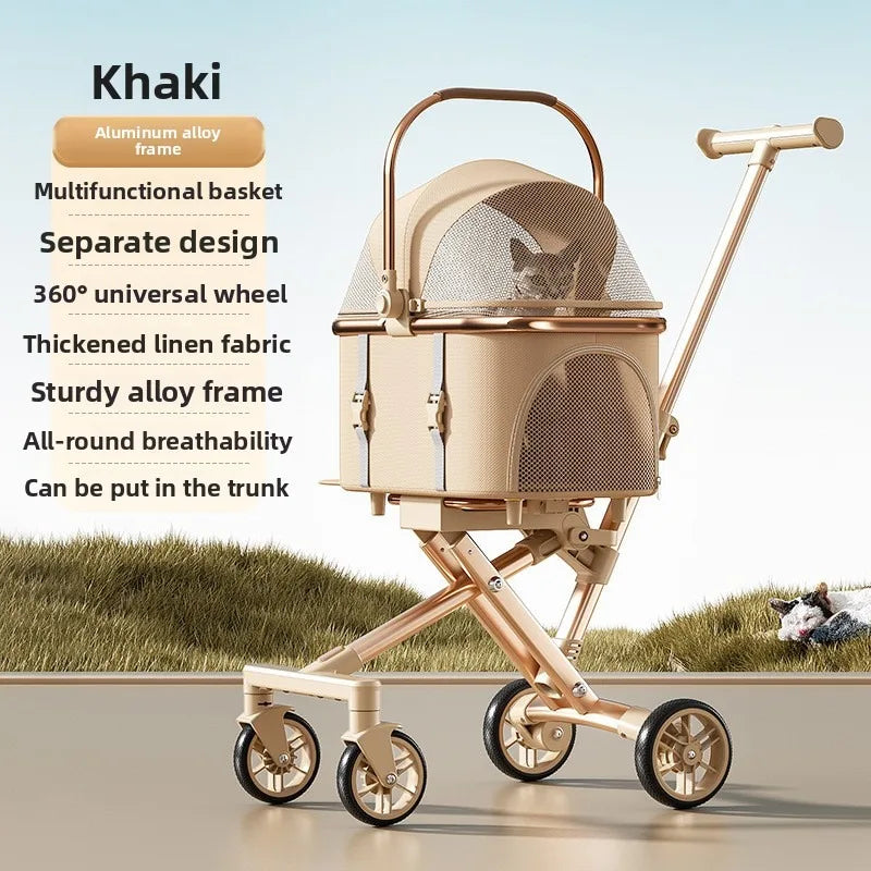 Rose Gold Pet Stroller Fashion Lightweight Foldable Detachable Carrier Bag Dog Cat Travel Cross Border Pet Stroller Dog Trolley