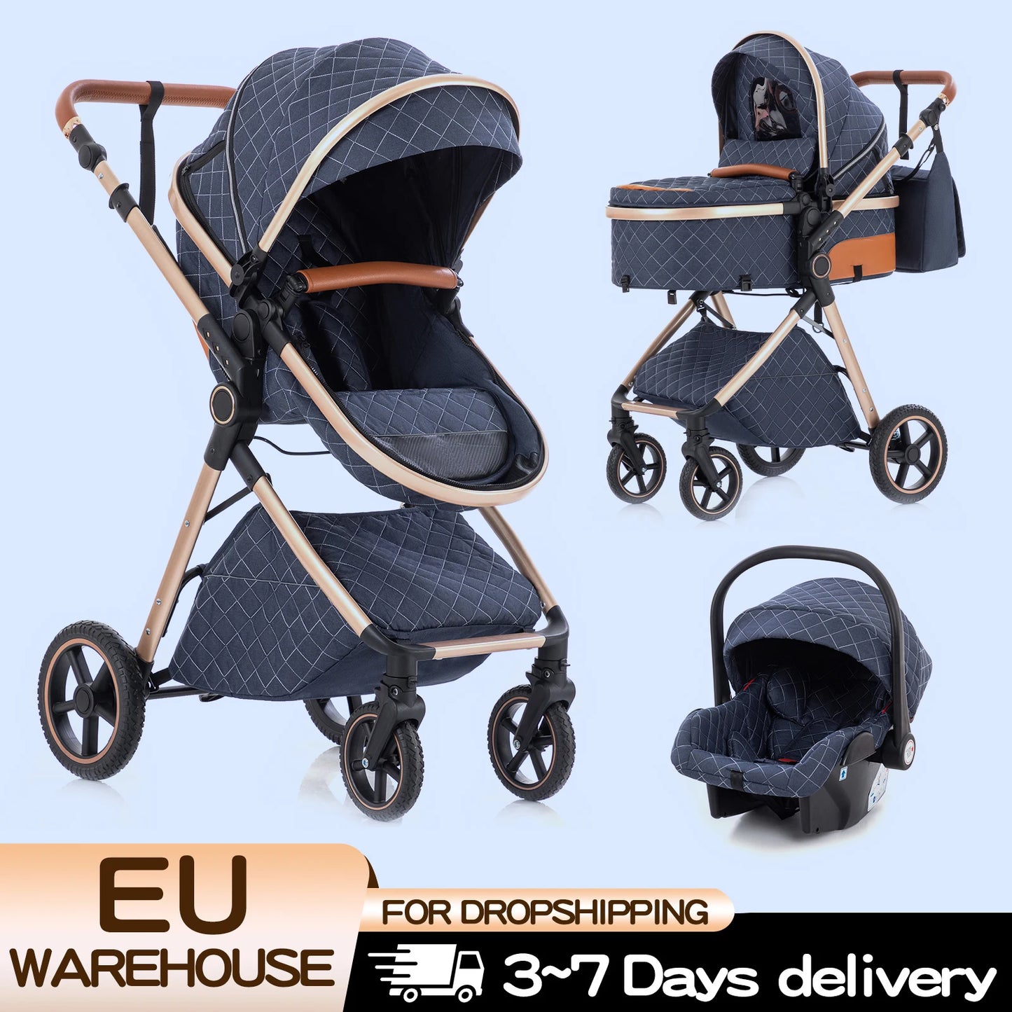 Luxury Baby Stroller 3 in1 Portable Baby Carriage Folding Prams High Landscape Car for Newborn Baby Adjustable Handle travel