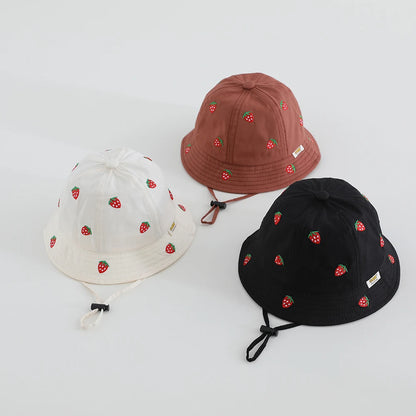 Boys Cute Sun Bucket Cap 48-50cm Spring Summer New Girl Fisherman Hat with Strawberry Embroidery Fashion Kids Toddler Outfit Cap
