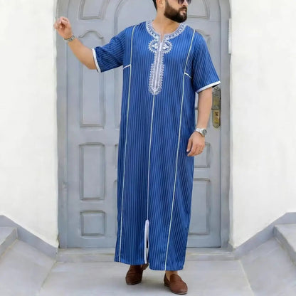 Muslim Men's Morocco Gandoura Thobe Loose Short Sleeves Gorgeous Embroidery Comfortable Islamic Men's Traditional Clothing Party