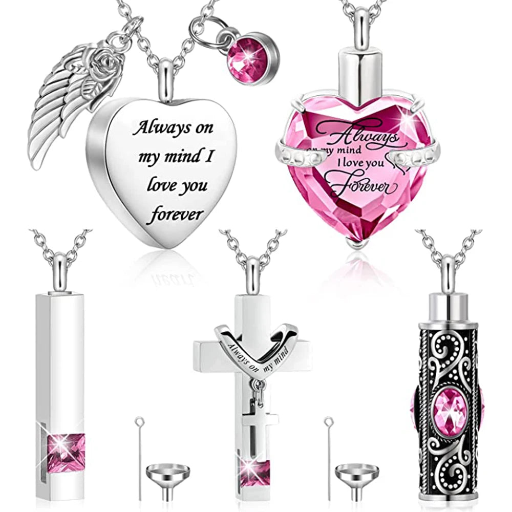 5Pcs Cremation Urn Necklace Heart for Ashes Stainless steel Cremation Jewelry Keepsake Necklace Waterproof Memory Pendant