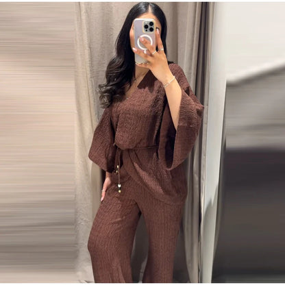 Tie Front Textured Women Set V-Neck Loose Set Wide Sleeve Drawstring Pants Casual Lounge Solid Color 2 Piece Outfits For Daily