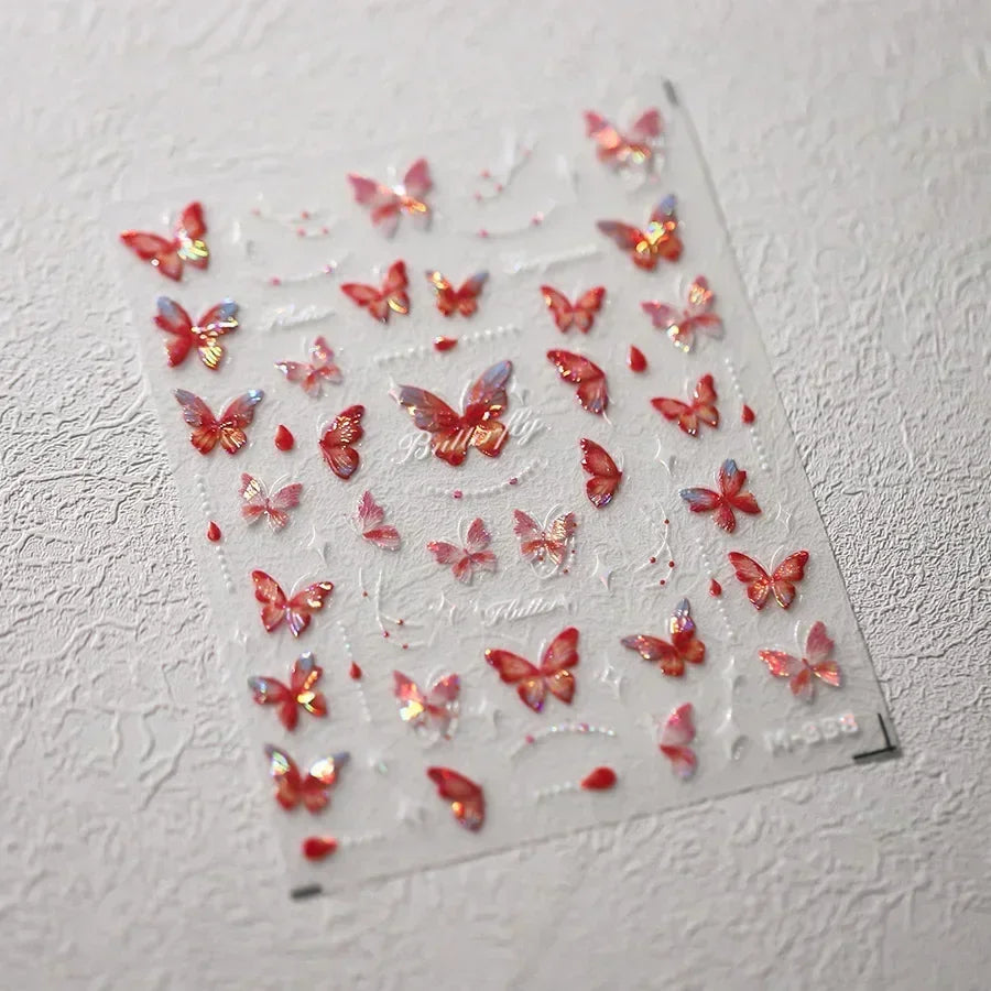 Shiny Jelly Butterfly Charming Golden Gradient Bowknot 5D Self Adhesive Nail Art Sticker Flower Petal Rhinestone Manicure Decals