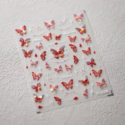 Shiny Jelly Butterfly Charming Golden Gradient Bowknot 5D Self Adhesive Nail Art Sticker Flower Petal Rhinestone Manicure Decals