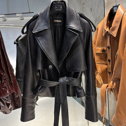 YOLOAgain Vintage Grain Leather Jacket Women Real Leather Sheepskin Jacket With Belt