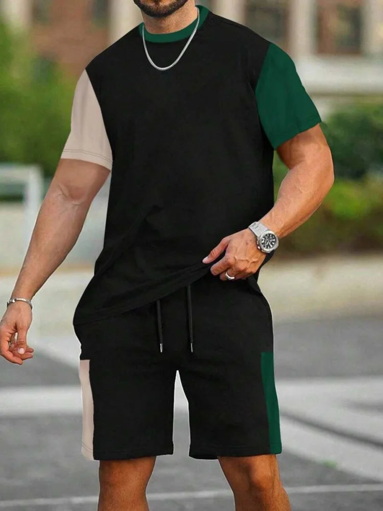Summer Gradient Color Athletic T-Shirt and Shorts Set Stylish Men's Quick-Dry Athletic Short-Sleeve Top with Drawstring Shorts