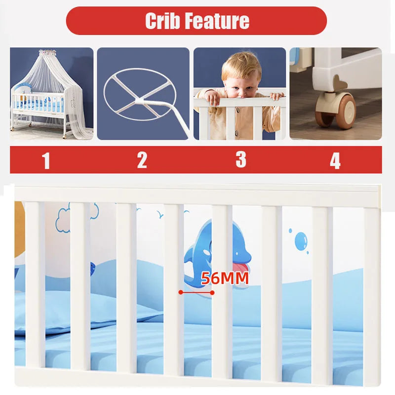 Wood Baby Crib With Mosquito Net And Diaper Table Convert To Kids Bed, Bedding Set, Baby Cot, Bed, Rocker Mattress