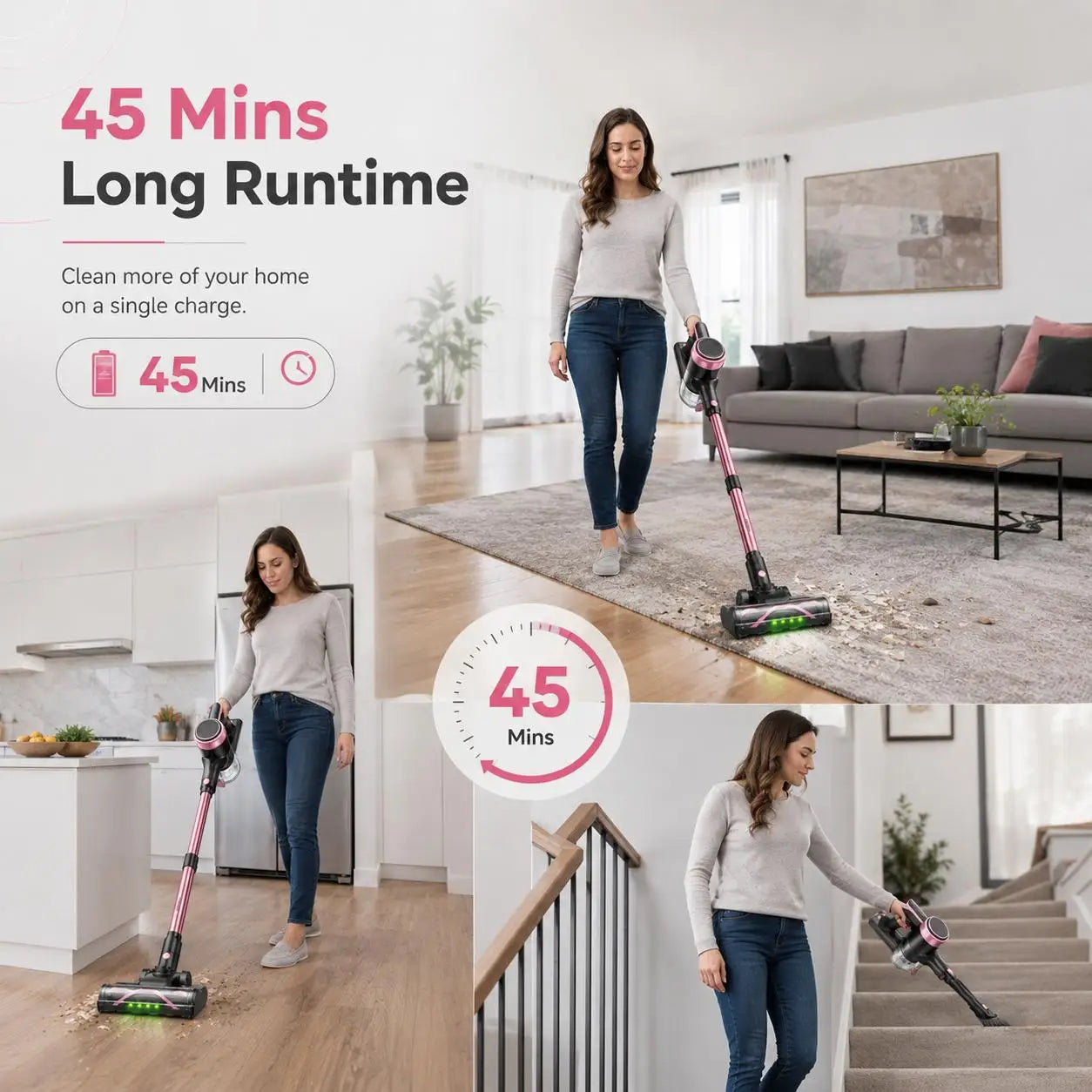 Cordless Vacuum Cleaner, 55KPa Powerful Suction, 45Mins Runtime, Self-Standing Stick Vacuum with 1.5L Dust Cup, 3 Suction Modes for Home Floor,Pet Hair and Carpet