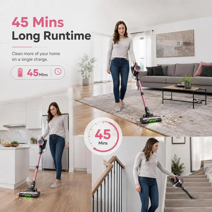 Cordless Vacuum Cleaner, 55KPa Powerful Suction, 45Mins Runtime, Self-Standing Stick Vacuum with 1.5L Dust Cup, 3 Suction Modes for Home Floor,Pet Hair and Carpet