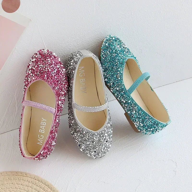 2025 Spring 1 to 12 years old girls dress shoes Beauty Pointed Toe Teen Girl Leather Shoes Bling Princess Wedding Shoes