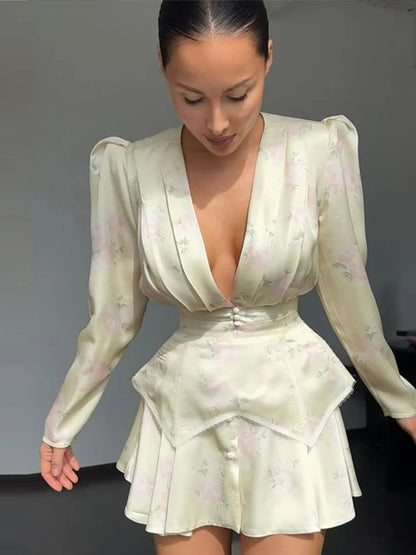 Sexy Women's Dress Deep V-neck Full Sleeve Waistband Two Piece Female Print Floral Sets 2026 Summer Party New Holiday Lady Suit