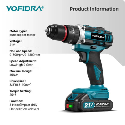 YOFIDRA  3 IN 1 25+3 Torque Electric Impact Drill Cordless Impact Drill Househeld Woodworking Power Tool for Makita Battery Pin