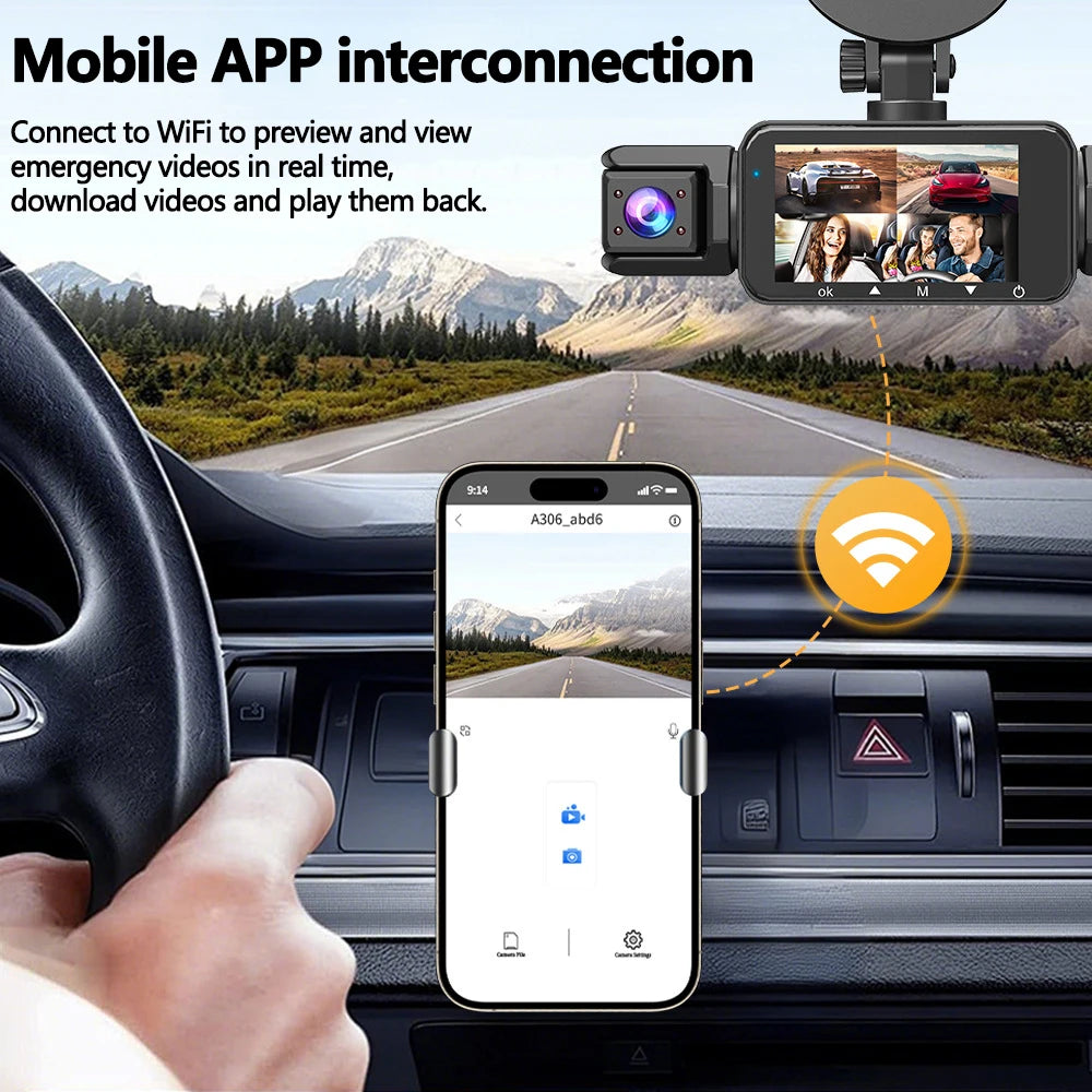 Dashcam 4 Channels WiFi Car DVR Dashboard Cameras for Car Way Back Box Parking Mode 24H Front and Rear Interior 360 Dash Cam