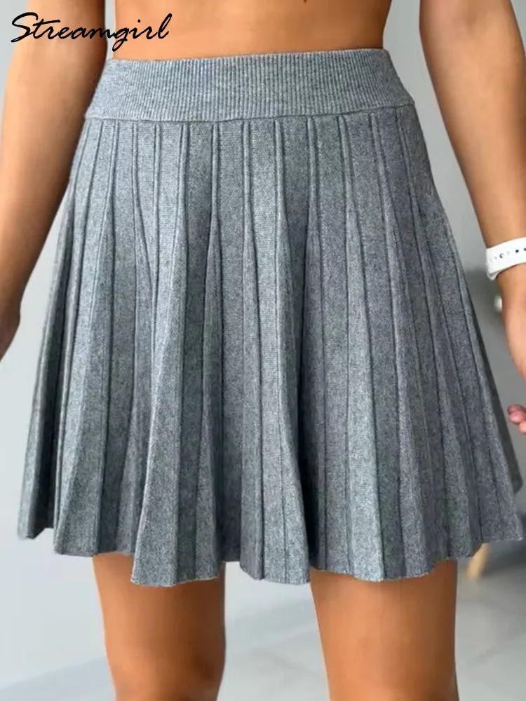 Autumn Knit White Mini Pleated Skirts For Women A Line Skirt Gray High Waist Women Knitted Pleated Short Skirts Korean Fashion