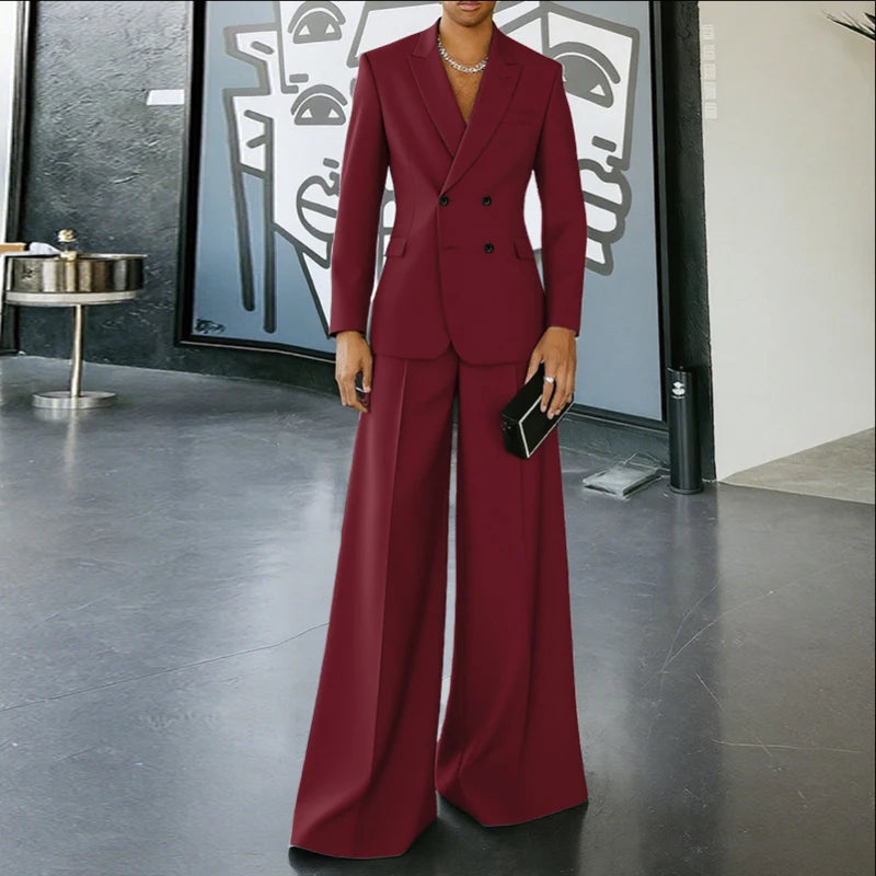 INCERUN Men Sets Solid Color Double Breasted Long Sleeve Blazer & Pants Two Pieces Sets Streetwear Fashion Casual Men's Suits