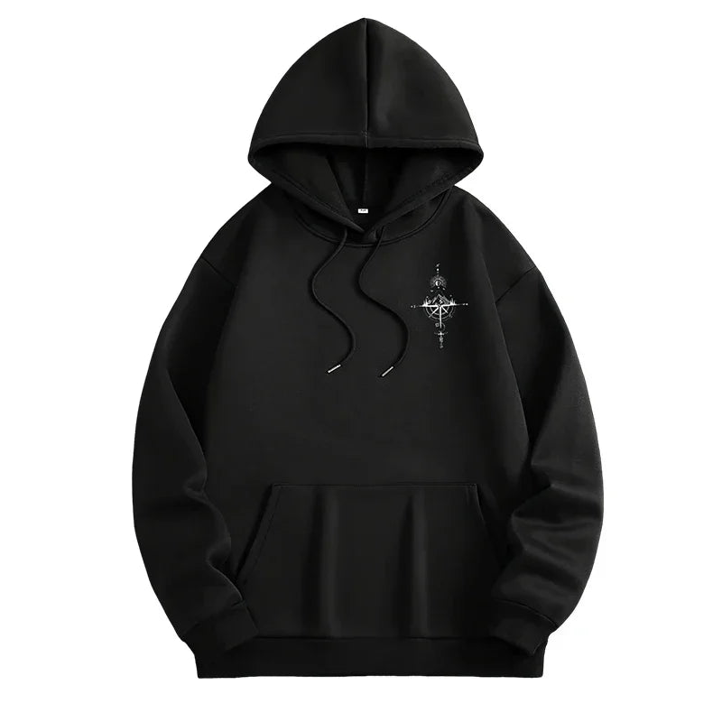 Vintage Compass Print Hoodies for Men High Quality Hooded Long Sleeve Pullover All Season Daily Casual Sports Tops Men's Clothes