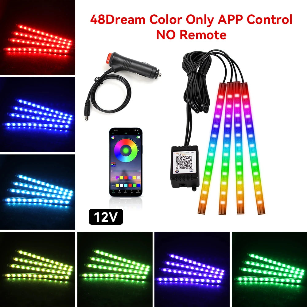 Neon Car Interior Ambient Foot Light with USB Wireless Remote Music App Control RGB 48 LED Atmosphere Decorative Lamp