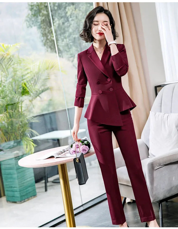 Fashion Red Pant Suits For Women Business Work Wear Formal Outfits Office Lady Blazer Set Elegant 2 Pieces Sets Female 2024 New