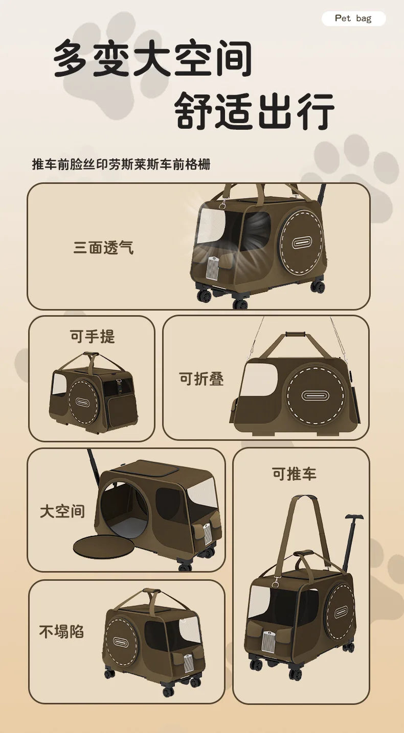 Portable Pet Rolling Carrier Foldable Small Dog Outdoor Stroller Detachable Single Shoulder Cat Handbag For Travel