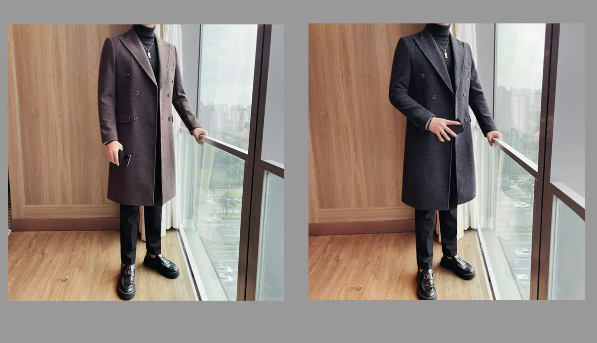 Autumn Winter Vintage Men's Woolen Long Coat Fashion Lapel High Quality Double Breasted Formal Men Slim Fit WindBreaker Overcoat