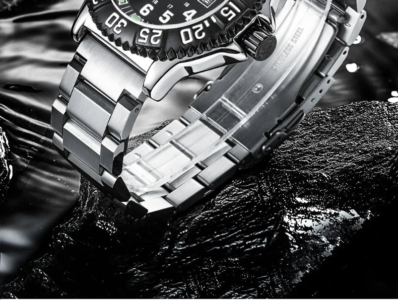 Addies Dive Men Fashion Casual Watch Calendar Display 50m Waterproof Tube Luminous Watch Black Dial Rotating Bezel Quartz Watch