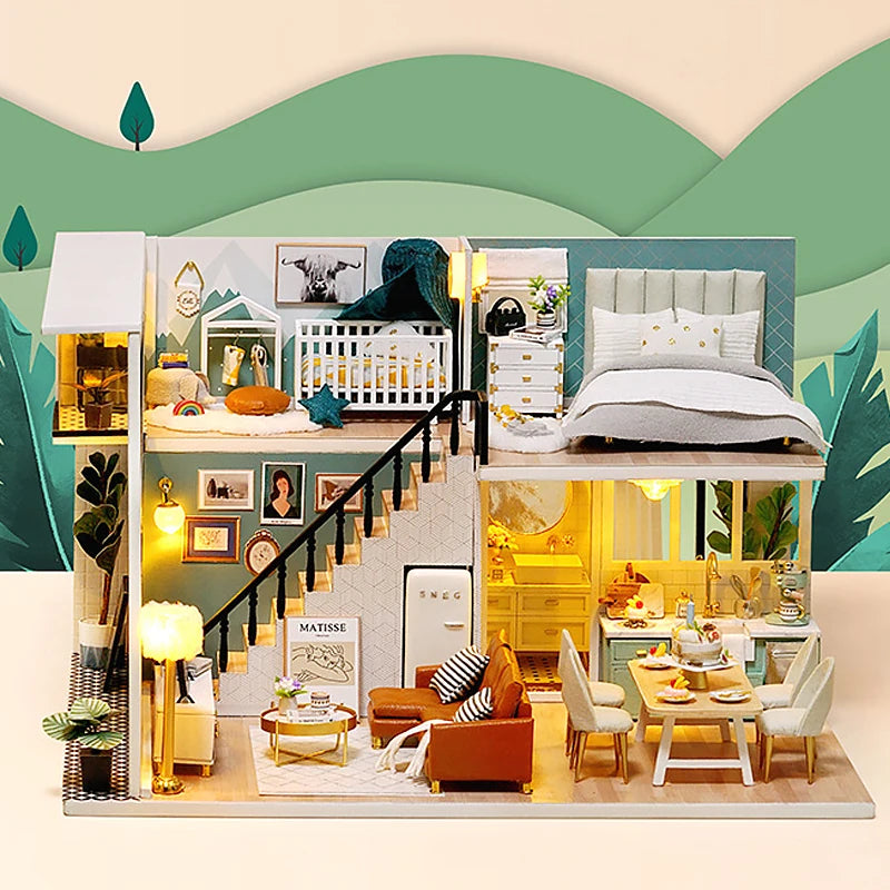 Doll House Kit 3D Wooden Mini DollHouse Assembly Building with Furniture Kit Toy For Birthday Gift 3D Puzzle Handmade Home Decor
