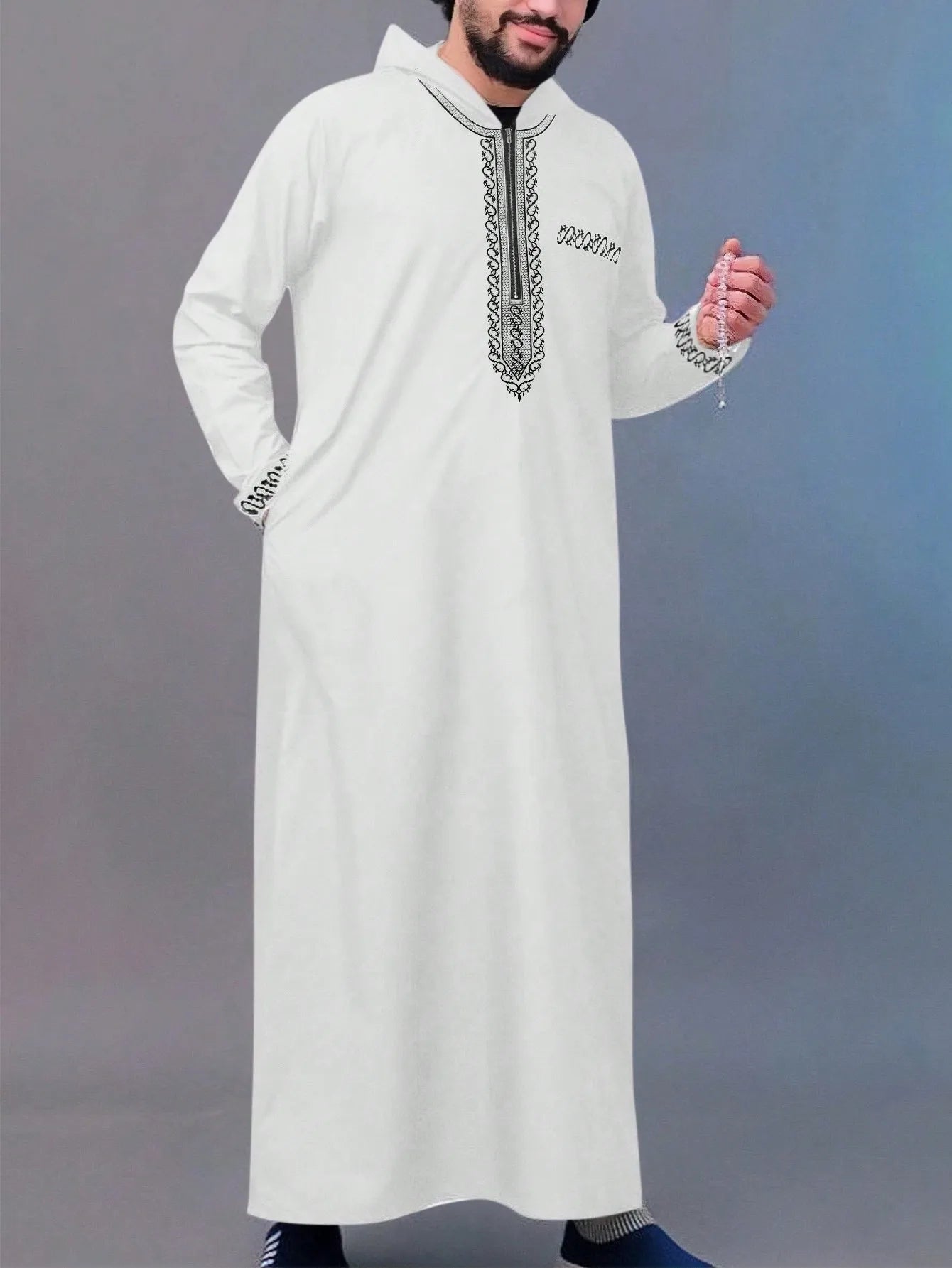 Men's Ethnic Pattern Embroidery Zipper Hooded Robe Traditional Long Sleeve Pocket Jubba Thobe for Daily Wear Man Islamic Thobe