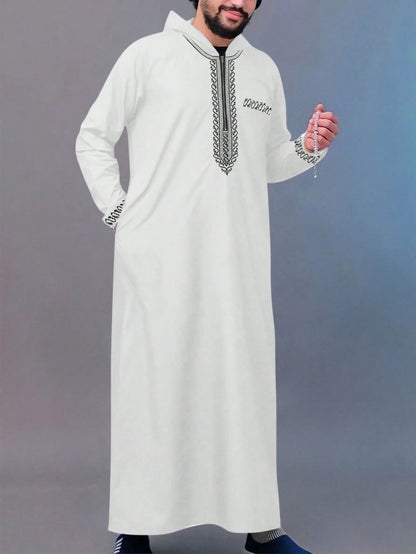 Men's Ethnic Pattern Embroidery Zipper Hooded Robe Traditional Long Sleeve Pocket Jubba Thobe for Daily Wear Man Islamic Thobe