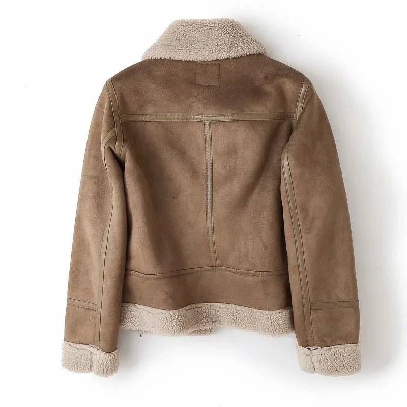 Winter Faux Shearling Sheepskin Fake Leather Jackets Lady Thick Warm Suede Lambs Motorcycle Brown Coats Mujer Chaqueta A407