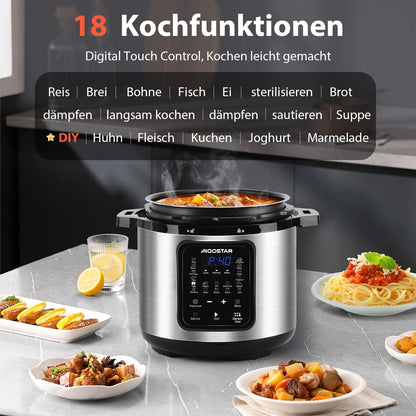 Aigostar Pressure Cooker 6L, 18-in-1 Multicooker, Keep Warm, Non-Stick Coating, Easy Cleaning, Digital Touchscreen, 1000W Pressu