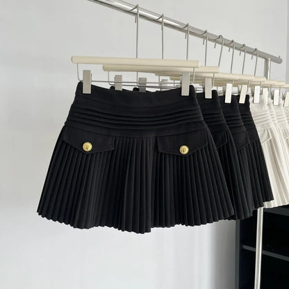 New Fashion Korean Elegant Pleated Mini Skirts Women Vintage Buttons Woolen Solid A-line High Waist Short Skirt Autumn Spring 