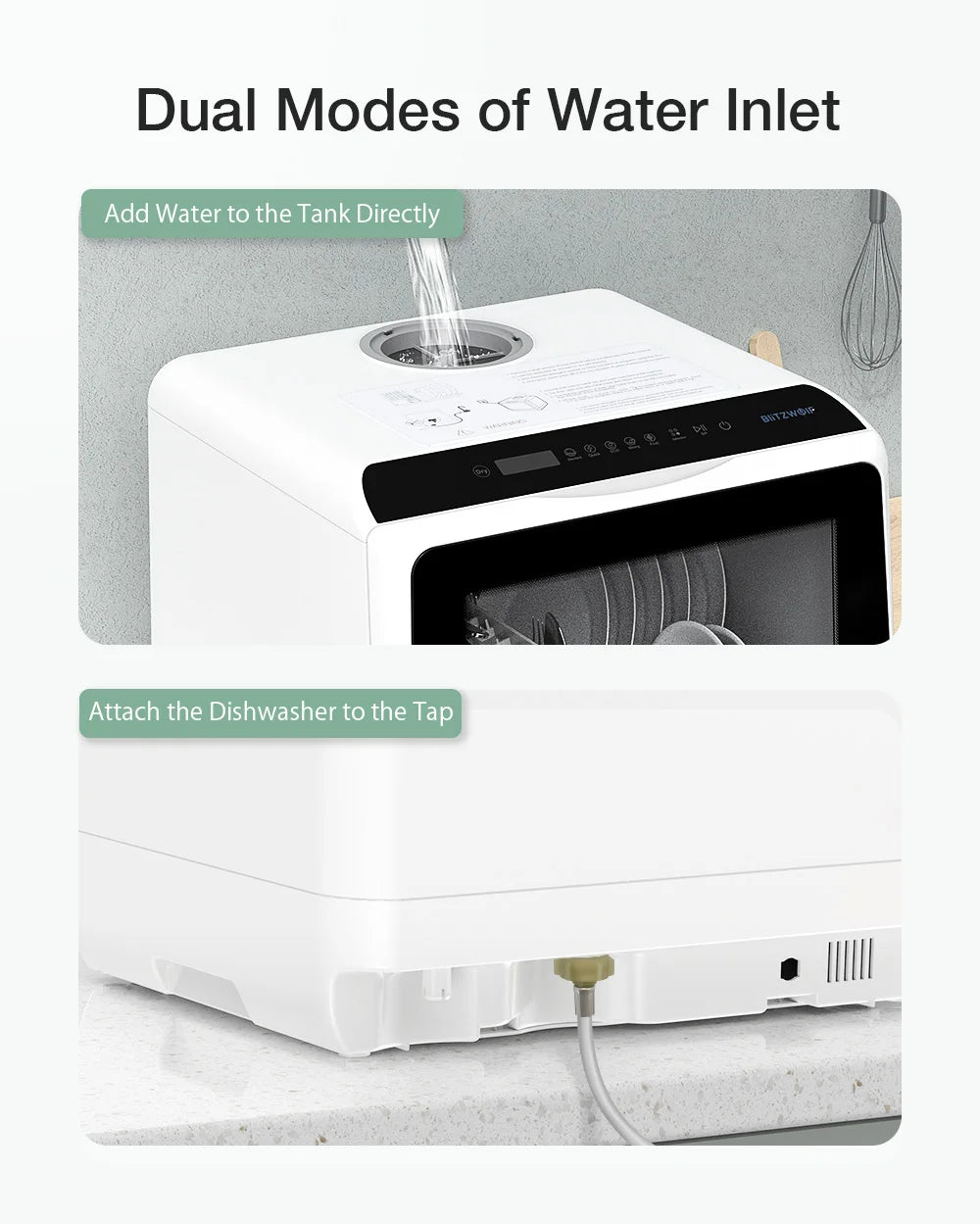 BlitzHome BH-CDW1 Smart Portable Countertop Dishwasher with APP Control 4-6 Sets Big Capacity Dual Water Inlet Modes Washers