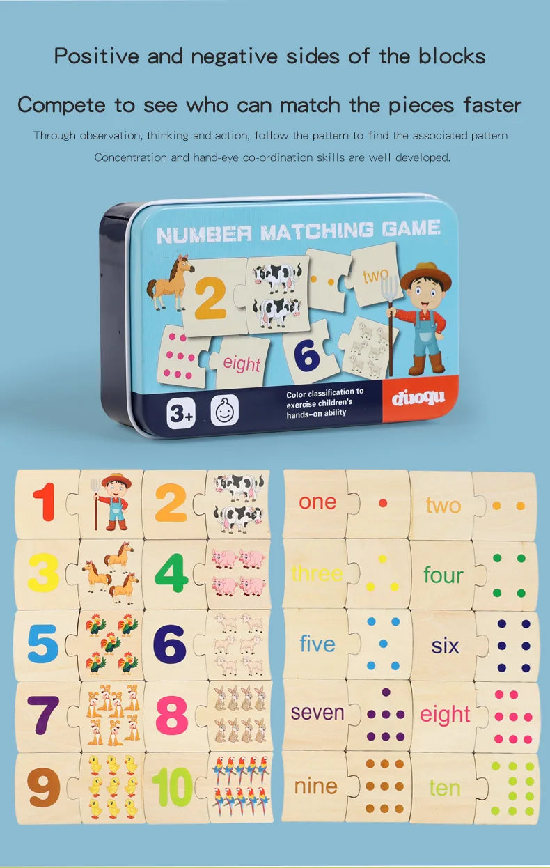 Children's Iron Box Number Enlightenment Paired Wooden Animal Food Puzzle Board Logical Thinking Training Game Educational Toys