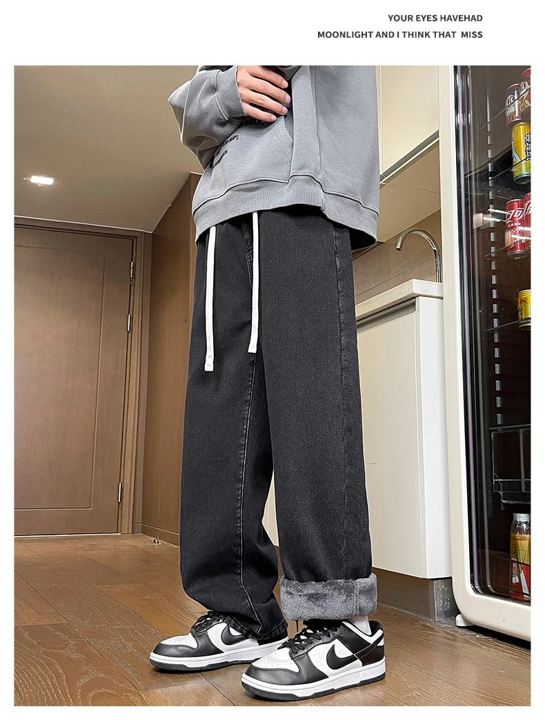Men's Thicke Fleece Straight Jeans Winter Velvet Thermal Nostalgia Washing Denim Pants Streetwear Elastic Waist Loose Trousers