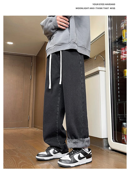 Men's Thicke Fleece Straight Jeans Winter Velvet Thermal Nostalgia Washing Denim Pants Streetwear Elastic Waist Loose Trousers