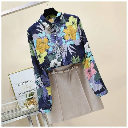 Blue Floral Print Vintage Polo-Neck Single Breasted Long Sleeve Women's Blouse Shirt Casual Female Clothing Tops Fashion 2024