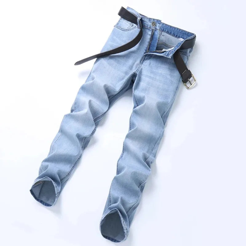 2026 Spring Summer Thin Jeans Classic Style Fashion Stretch Regular Fit Denim Trousers Male Brand Men's Washed Light Blue