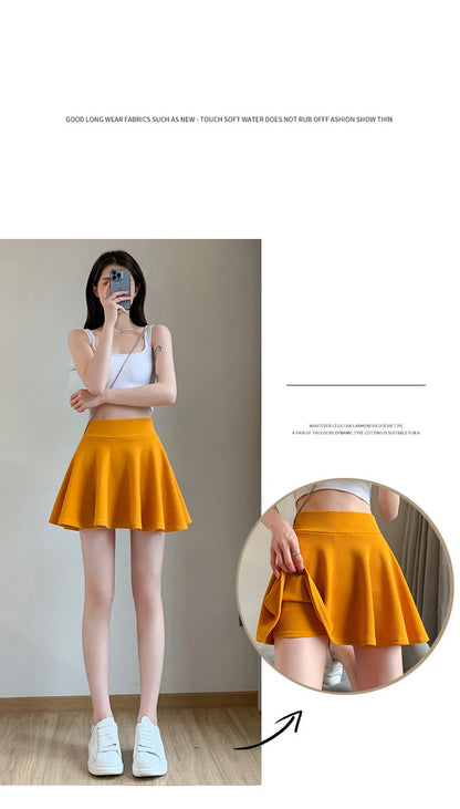 Summer Basic Skirts Women Shorts Mini Elastic Pleated Skirts High Waist Bubble Sun Skirts School Girl Uniform Lined Safety Pants