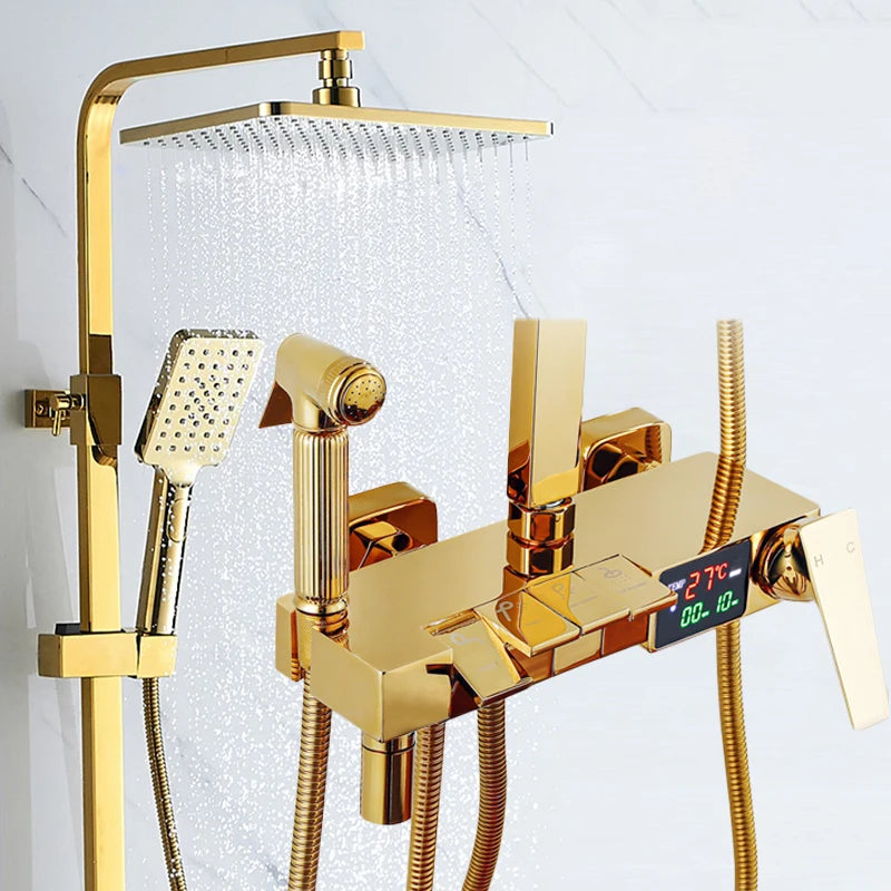 Gold Piano Digital Display Bathroom Shower Set Brass Bathroom Faucet Accessories Thermostatic Digital Bathroom Shower System