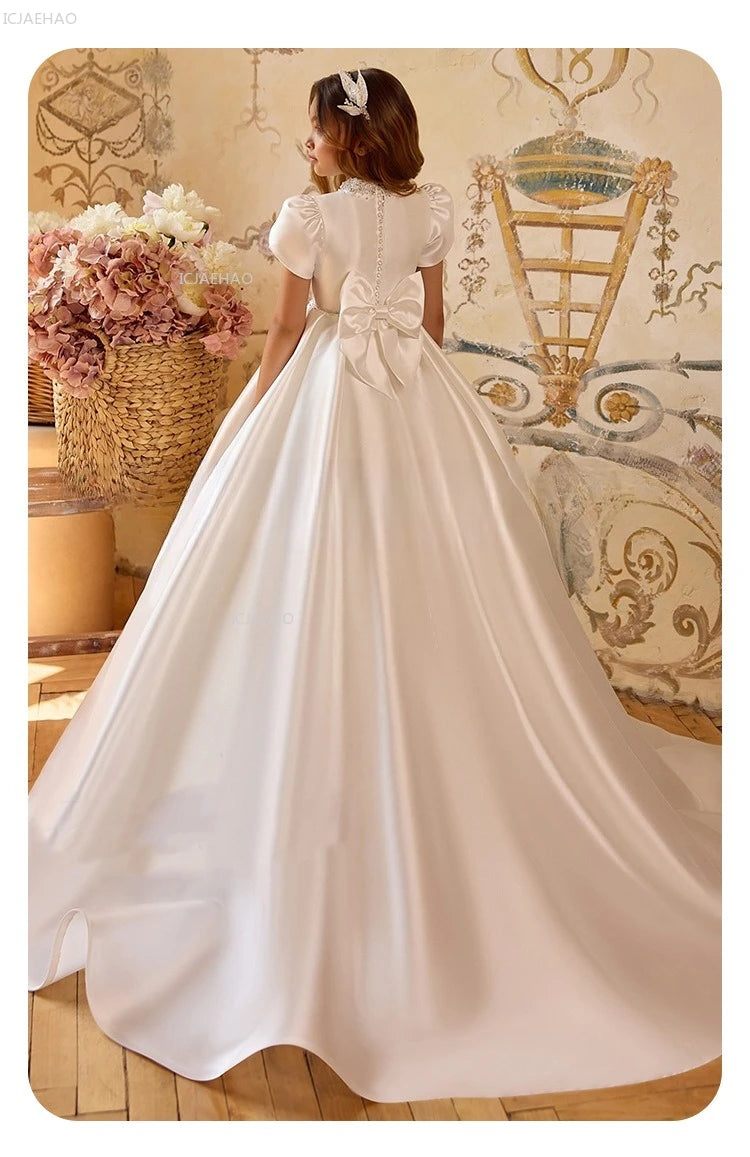 White Wedding Dress for Girls New Satin Princess Party Gown Clothes Children Birthday Host Piano Performance Pageant Costume