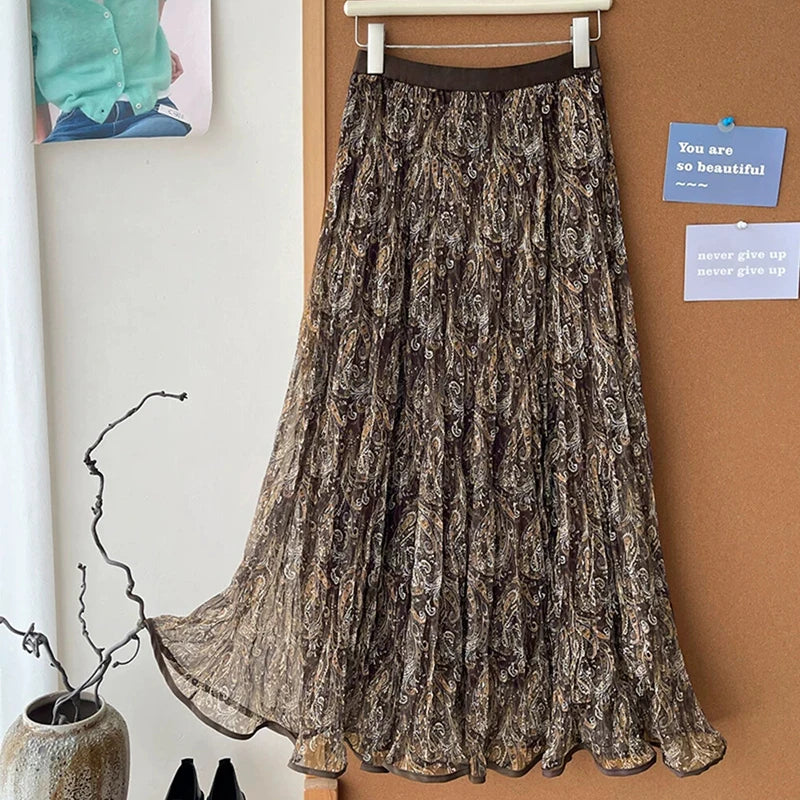 High Waisted Printed Vintage Long Skirts Women Korean Loose Pleated A Line Mesh Skirt Woman Big Hem Mid Length Tulle Skirts