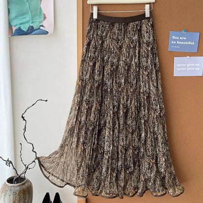 High Waisted Printed Vintage Long Skirts Women Korean Loose Pleated A Line Mesh Skirt Woman Big Hem Mid Length Tulle Skirts