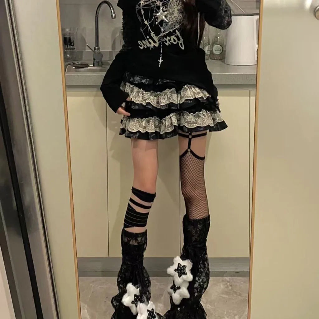 Y2K Punk Gothic Lace Tiered Skirt Women High Waist Ruffle Mini Skirt Harajuku Streetwear Alternative Fashion Short Skirt