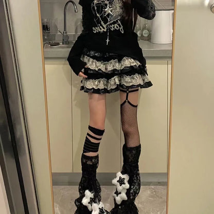 Y2K Punk Gothic Lace Tiered Skirt Women High Waist Ruffle Mini Skirt Harajuku Streetwear Alternative Fashion Short Skirt