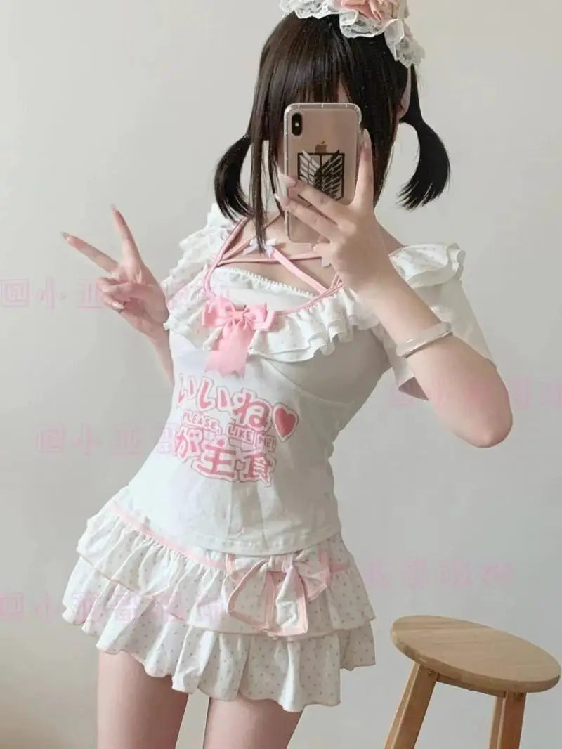 Harajuku Girls Lolita Mini Skirt Y2K Women Japanese Style Bow Pleated Skirts Cute Sweet Dot Ruffles Cake Layered Skirts Gift