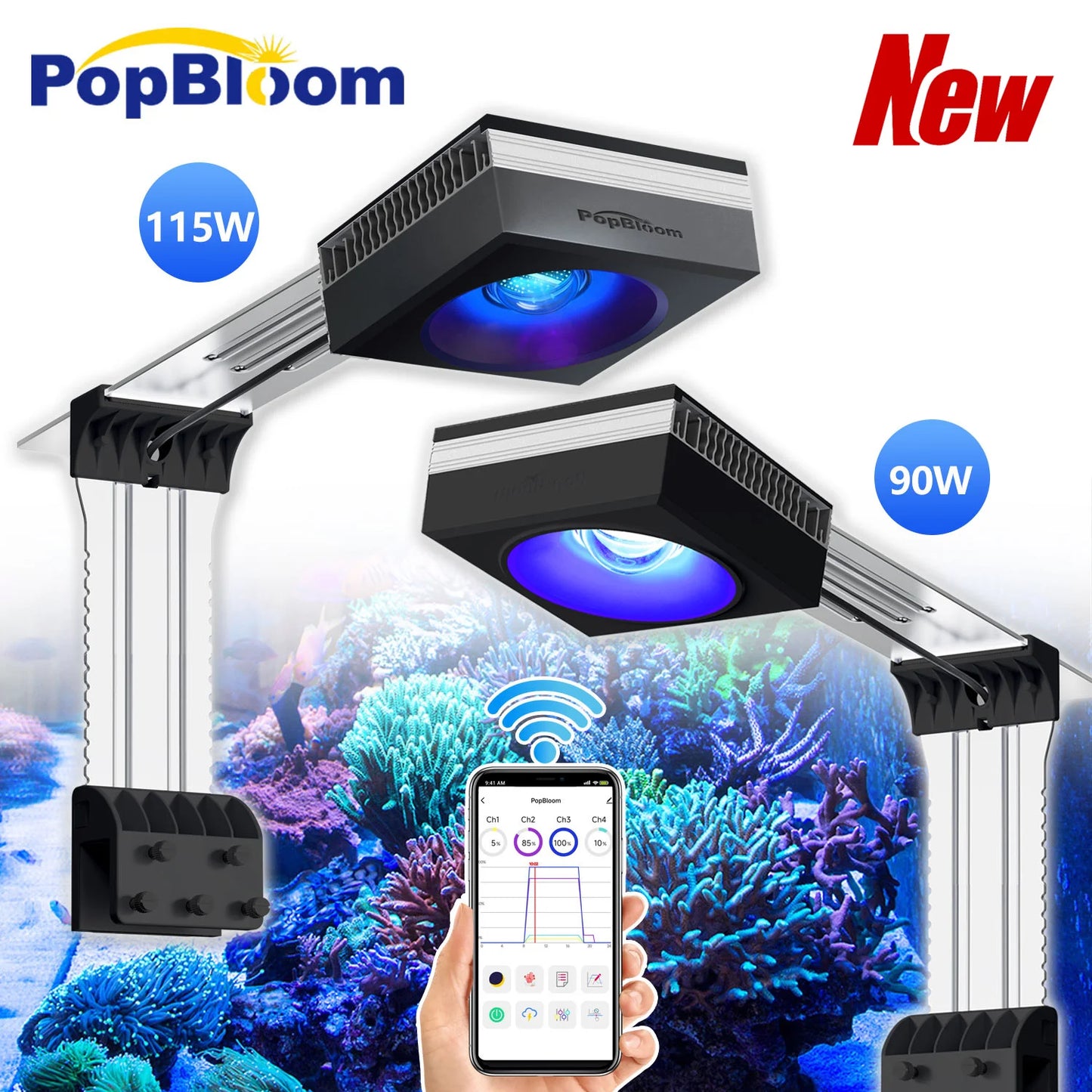 PopBloom WiFi Aquarium LED Light RL90/RL115, Professional Reef Aquarium Lamp Full Spectrum for Reef Coral SPS/LPS Fish Tank