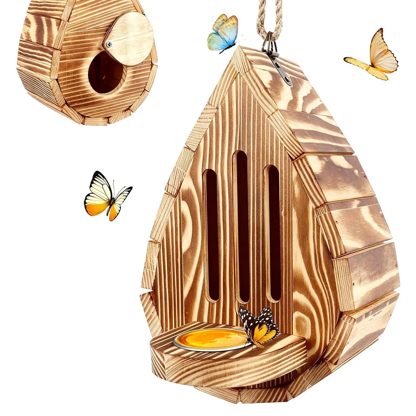 Hanging Wood Butterfly House Feeder with Rope Decorative Bee Nesting Box Multifunctional Moth Habitat for Garden Balcony