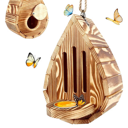 Hanging Wood Butterfly House Feeder with Rope Decorative Bee Nesting Box Multifunctional Moth Habitat for Garden Balcony