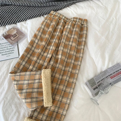 JMPRS Fashion Warm Plush Pants Thick Plaid Women Casual Loose Wide Leg Trousers Korean Streetwear Straight Student Pants New