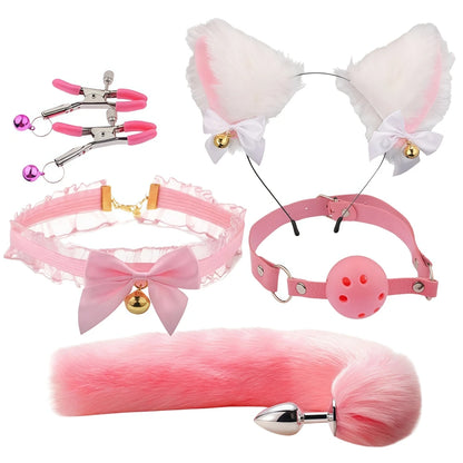 5 In 1 Fox Tail Butt Plug Set Cat Ears Headband Choker Ball Gag Nipple Clamps BDSM Cosplay Pet Play Accessories for Couples